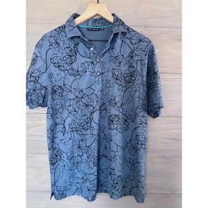 Devereux Mens Blue Floral Line Art Golf Polo Shirt Short Sleeve Size Medium